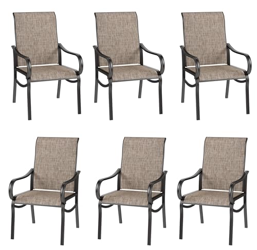 Image of PHI VILLA Patio Dining Chairs Set of 6, Textilene Mesh Fabric, High Back | Ergonomic backrest. All-weather black E-coated metal frame and brown breathable fabric, designed for outdoor, deck, lawn