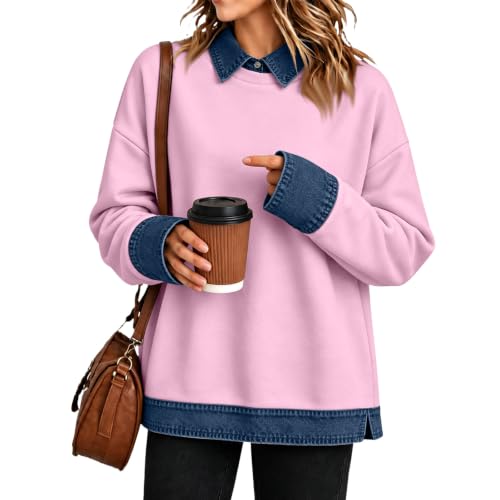 Womens Polo Shirts Button Denim Patchwork Lapel Collar Long Sleeve Tops - image 1