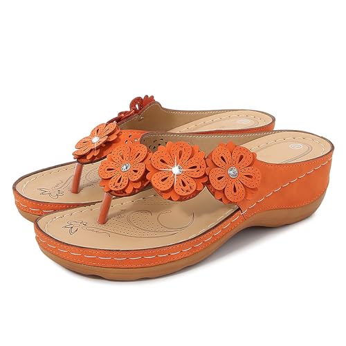 Wedge Sandals for Women Flip-Flops: Adjustable Hook Loop Flower Summer Womens Sandals Flip Flops