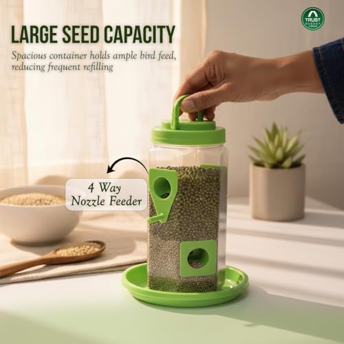 Image of TrustBasket 4-Way Bird Feeder | Transparent Plastic Hanging & Standing Feeder | 21x15x9 cm | 4 Feeding Ports with Perches | Auto Seed Dispensing Tray for Garden & Balcony