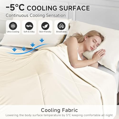 Image of HOMFINE Cooling Comforter Queen Size, Beige Summer Cooling Blanket for Hot Sleepers and Night Sweats, Japanese Double-Sided Cold Tech Fabric Q-Max 0.45, Soft Breathable Silky Smooth Lightweight