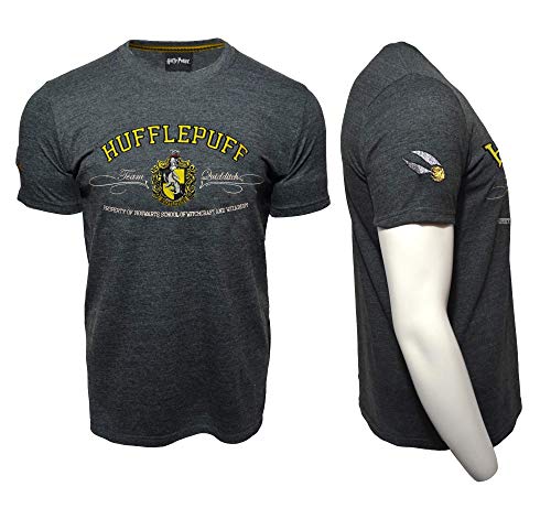 Unisex Licensed Harry Potter Hufflepuff T-Shirt | Grey Applique Embroidery Crest Tee with Golden Snitch Sleeve Design | Official Merchandise (XSXL) (S)