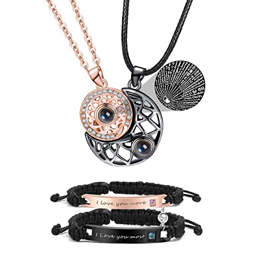 I Love You Necklace 100 Languages for Couples I Love You Bracelets for Him And Her Sun and Moon Necklace for Women Projection Necklace