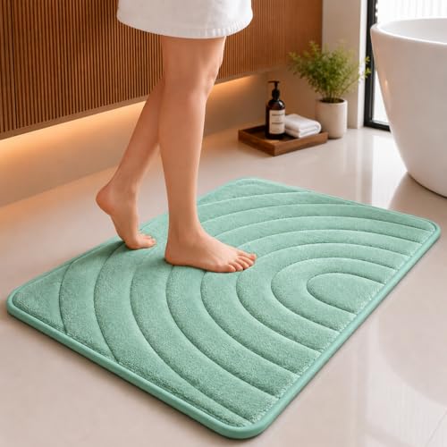 Image of Premium Memory Foam Bath Mat | 40x60cm Super Absorbent Velvet Bathroom Rug | Non-Slip Machine Washable Floor Mat (Mint Green)