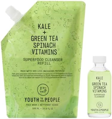 Juego de recambio de viaje Superfood Cleanser, limpiador facial de col rizada + té verde (2 oz) + (bolsa de recambio de 16 oz), lavado facial galardonado, desmaquillante, todo tipo de piel