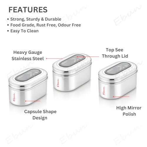 Image of Ebun Stainless Steel Top See Through Containers | Stainless Steel Container with Lid | Capsule Shape Steel Kitchen Containers Set | Steel Airtight Container | 750 Gms Capacity Approx | Pack of 3