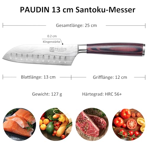 PAUDIN Santokumesser 13 cm, Ultrascharfes Küchenmesser aus Hochkohlenstoff-Edelstahl, Ergonomisch&Vielseitig für Fleisch, Gemüse&Obst, Ideal für Hobbyköche&Profis, Nachhaltig mit lebenslanger Garantie 2