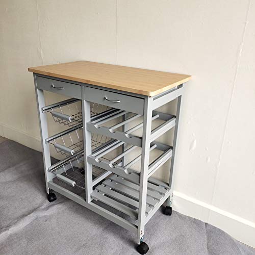 HYGRAD Kitchen Trolley MDF Surface White Island Dining Cart Worktop Basket Storage Lockable Wheels Rolling Portable Kitchen Trolley with Drawers and Open Shelf, Grey - Image 2