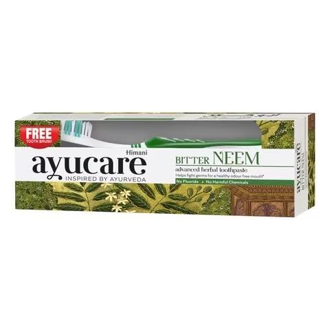 Himani Ayucare Bitter Neem - Pasta de dientes a base de hierbas (150 ml, con cepillo de dientes, cuidado dental natural con extracto de neem), contra el mal aliento y los problemas dentales, con