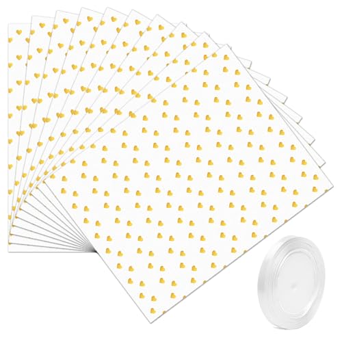 Weiß Geschenkpapier Set mit Herz, 10 Bögen 50x70cm + 22m Schleifenband Romantisches weißes und goldenes Design für besondere Anlässe Ideal für Valentinstag Hochzeit Geburtstag und DIY Dekoration