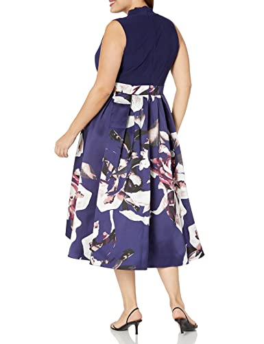 Image of S.L. Fashions Women's Plus Size Tea Length Tuck Neck Fit and Flare Dress