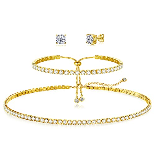 Image of HAXIYA Tennis Necklace Bracelet for Women, Sterling Sliver Jewelry Set, Silver /Gold Chocker Necklace, Crystal Bracelet for Women, Wedding Jewelry for Bride, Sparkly Party Prom Hypoallergenic