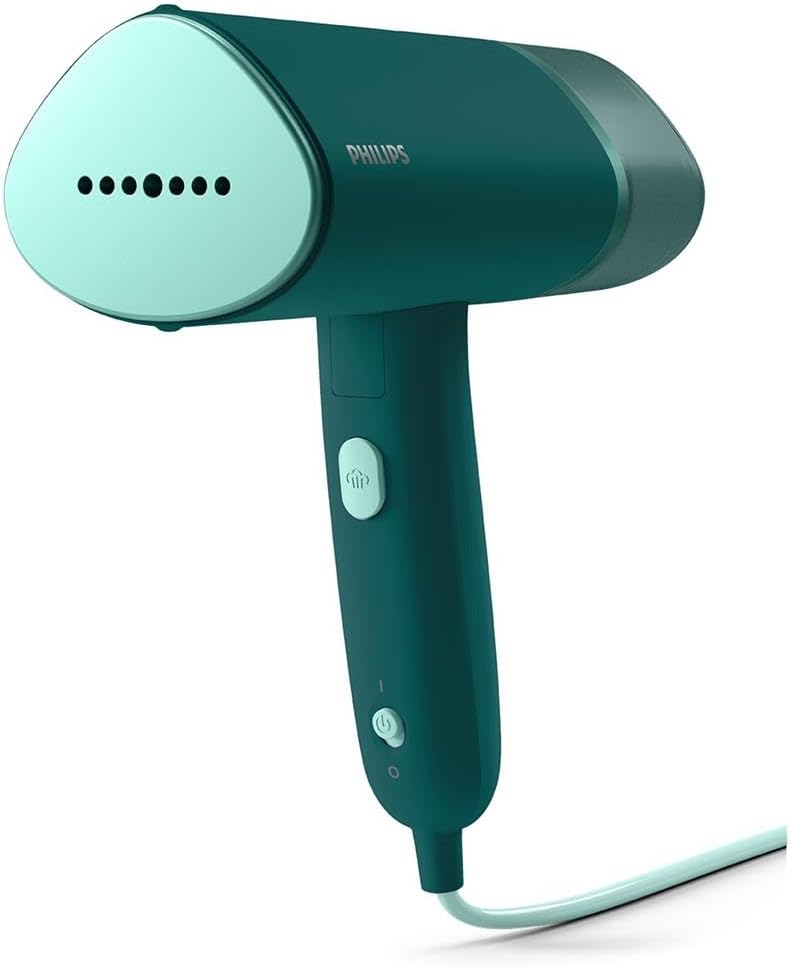Philips Portable Steamer, Series 3000-1000W, Steam 20g/min, Removable Water Tank 120ml, Metal Plate, Heating Plate, Includes Cover, Light Weight 660g, Dark Green