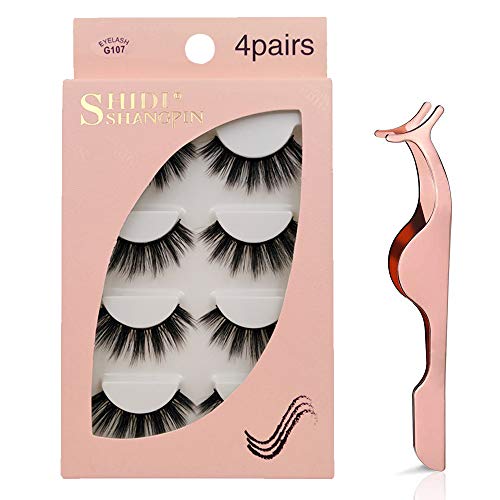 Falsche Wimpern, 3D Falsche Wimpern Wiederverwendbare lange, dicke Wimpern zur Verlängerung der Make-up-Wimpern, 4 Paar handgefertigte dramatische falsche Wimpern mit Wimpernclip (G107)