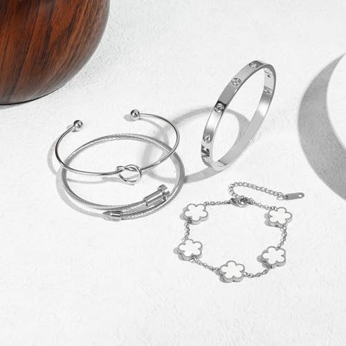 Womens 4Pcs Stackable Floral Gold Bracelets Stainless Steel Bangle Bracelets Non Tarnish Silver Set Trendy Jewelry Gifts for Womens3