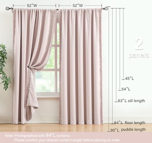 Image of Treatmentex Pink Half-Blackout Curtains 54 inch Pink Pompoms Curtain Panels for Nursery Room Darkening Thermal Curtain Drapes for Baby Girls Rod Pocket 2pcs