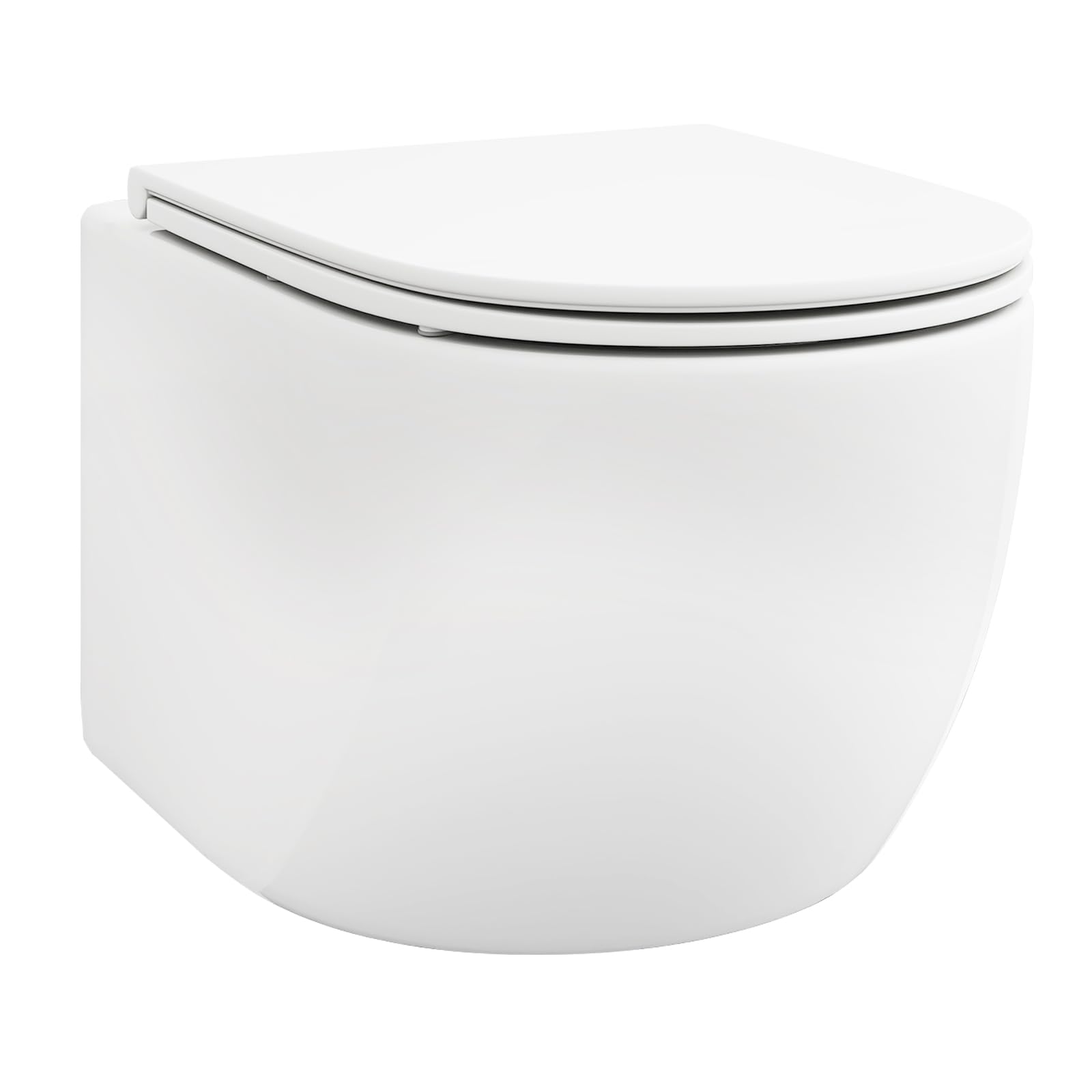 COSTWAY Wall Hung Toilet, Ceramic Rimless WC Pan with Soft Close Seat and Dual Flush System, Wall-Mounted Bathroom Toilet Bowl WC Seat, 52.5cm Long, Glossy White