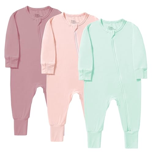 Image of kpoobox Baby Boys Girls Footless Pajamas with Mitten Cuffs - 3Pcs Rayon of Bamboo Long Sleeve 2 Way Zipper Sleepers