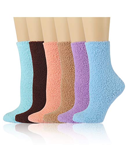 5-6 Pairs Diravo Fuzzy Cozy Socks Slipper Socks for Women Warm Cozy Fluffy Comfy Sock for Girls for Winter Gifts (E-6 PAIRS- SOILD COLOR)
