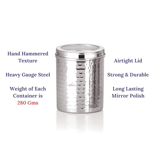Image of Ebun Stainless Steel Containers for Kitchen Storage Set | Steel Storage Containers for Kitchen | Steel Containers with Lid | Hand Hammered Texture Airtight Steel Containers 750 Gms | Pack Of 6