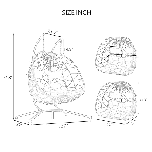 Wicker Hanging Egg Swing Chair, Outdoor Indoor Basket Chair, Oversized Patio Lounge Chairs with Cushions, Comfy Relax Reading Chairs for Bedroom Patio balcony Backyard Porch Deck Garden Lawn Grey