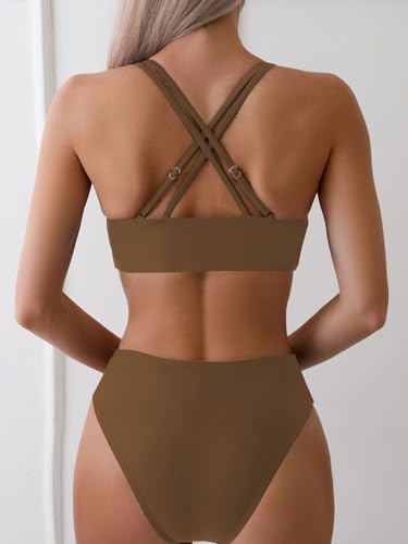 Image of Fanuerg Women's Sexy V Neck Bikini Sets Hollow Out Two Piece Swimsuits Cutout Mid Waist Bathing Suit