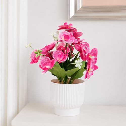 Image of CURATED CART Flower Pot with Artificial Flowers - Orchid Pink Flower with White Vase | Ideal for Home Decor | Office Decor | Gifting | Size 25 x 15cm