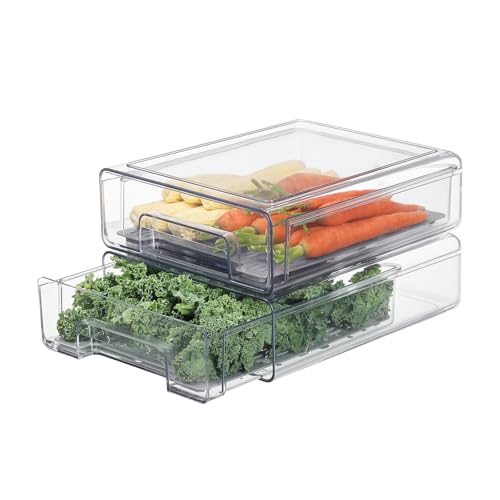 Image of Bronkeeper Pull Out Clear Fridge Organizer Drawers with Drainer, Refrigerator Stackable Storage Bins for Kitchen Fruit & Veggie Organization (2PCS, Medium)