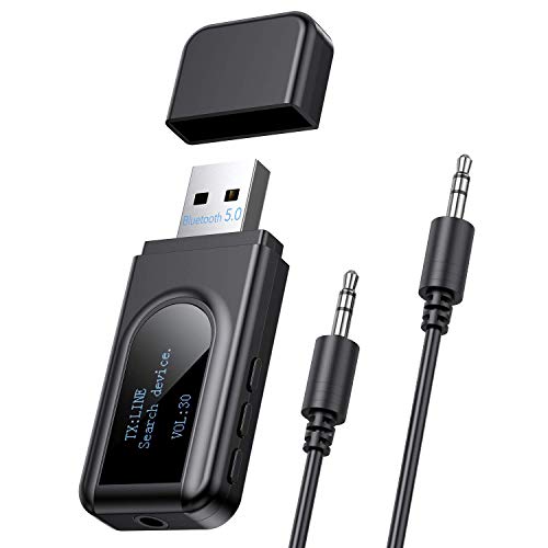 Bluetooth para TV/Coche, Hommie Bluetooth Usb 5.0 2 EN 1 Transmisor Receptor Bluetooth con Pantalla LED, Adaptador Bluetooth para TV/Coche/Altavoz/PC/Auriculares, Transmisor Bluetooth con Cable 3.5mm