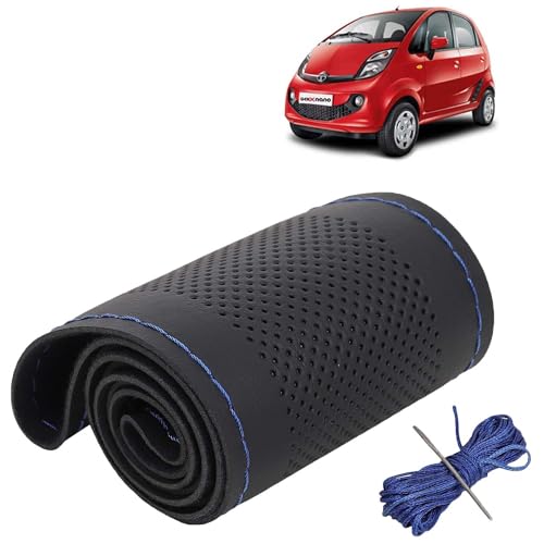 Image of KINGSWAY PU Leatherite Car Steering Cover Sewable Compatible with Tata Nano (Year 2008 Onwards), Black Color with Blue Thread, Pack of 1 with Sewing Needle and Thread