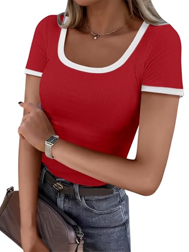ANRABESS Women Short Sleeve Tops Square Neck Ribbed Knit Color Block T Shirts Fitted Casual Summer...