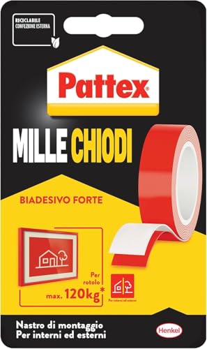 Pattex Millechiodi Tape, Nastro biadesivo extra forte per applicazioni permanenti, Nastro adesivo di montaggio per interni ed esterni, 19 mm x 1,5 m