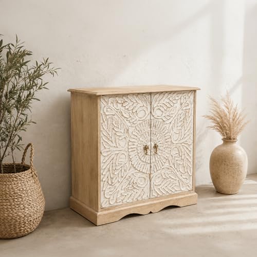 Image of The Attic Jodhpur Large Sideboard Cabinet for Kitchen and Living Room Storage in Solid Wood with Natural and White Matte Finish