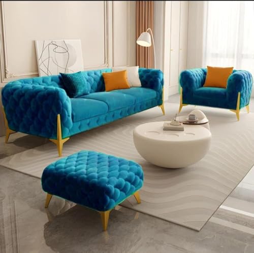 Image of Chesterfield Velvet Upholstery 3-Seater with Armchair and Footrest, Design in 3+1+Footrest Sofa for Living Room, Bedroom, Hallways (Turkish Blue)