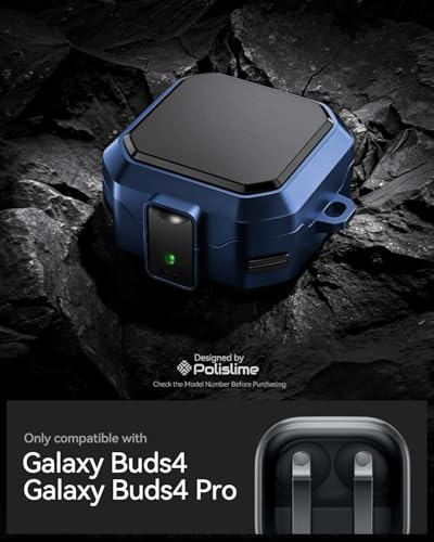 Image of Safety Lock Case for Samsung Galaxy Buds 4 Pro /4 (Blue) | Compatible with MagSafe,with Cleaning Kit & Keychain,Mecha Protective Case