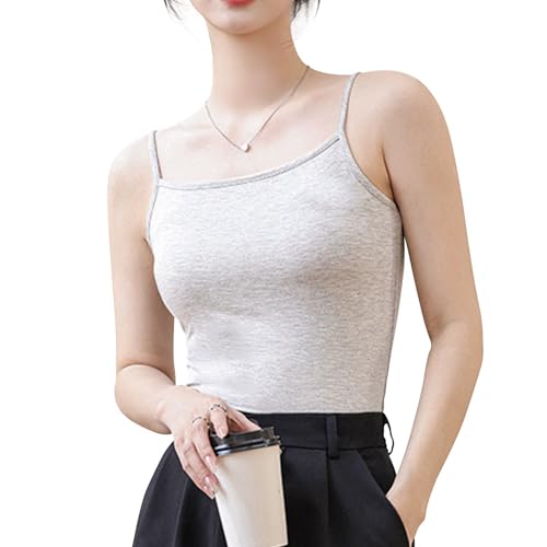 [Pneito] ブラトップ カップ付き カップ付きキャミソール【ロング・肩紐調節可・ノンワイヤー・ 柔らかい】キャミソール レディース インナー パット付き 伸縮性 吸汗速乾 (JP, アルファベット, S, グレー)