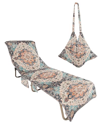 Orange Blue Beach Lounge Chair Towel Cover, Soft Chaise Lounge Towel with Side Pockets Patio Pool Chairs Cover for Beach/Pool Sunbathing 29x85 Boho Geometric Middle Century Abstract Western