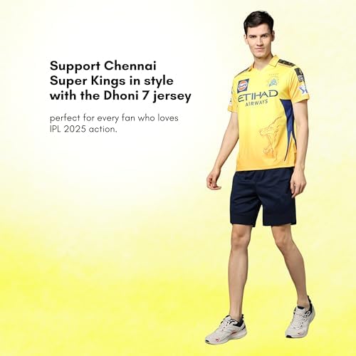 Image of playR x Chennai Super Kings Original Fan Jersey IPL 2025 - Adult Dhoni 7 Half Sleeve CSK Cricket T-Shirt, Regular Fit Sportswear Tee for Training, Outdoor & Match Day Activewear for All Season