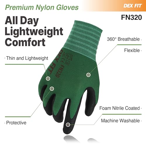 Image of DEX FIT Nitrile Work Gloves FN320, 3D Comfort Stretch Fit, Power Grip, Durable Foam Coated, Thin & Lightweight Premium Nylon, Machine Washable, ForestGreen 7 (S) 3 Pairs
