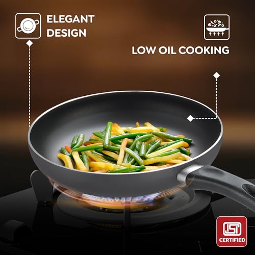 Image of Judge by Prestige ACE Aluminium Non-Stick cookware BYK Set-Tawa 25cm-1U, Fry Pan 20cm-1U, Kadai 20cm-1U with Lid-1U + 3U Nylon Tools|Black