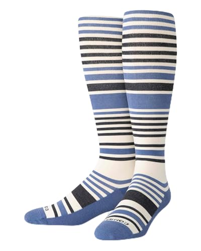 Comrad CloudCotton Knee High Socks - 15-20mmHg Graduated Compression Socks, (Medium Wide Calf, Sand/Denim Stripe) - Combed Cotton Support Socks for Men, Pregnant Women, Nurses, Home, Work & Travel