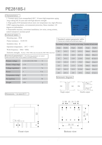 Transformateur d'isolement PE2818S-I en résine époxy protégeant les circuits PCB en 18V