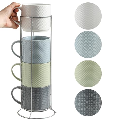 Hasense Coffee Mugs,15oz Coffee Cups Set of 4 with Stackable Storage Rack, Durable Porcelain, Microwave & Dishwasher Safe, Space-Saving Mug Set for Kitchen and Office, Multi Color
