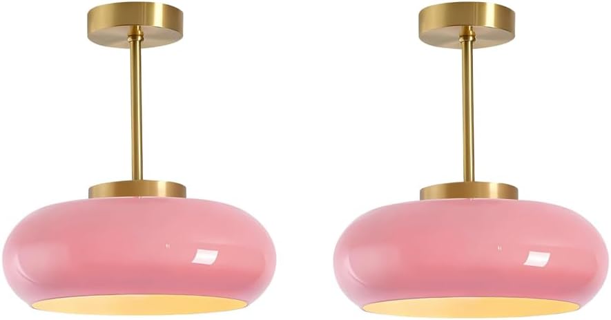 BOKT Brass Pink Semi Flush Mount Ceiling Light Modern Open Glass Ceiling Light Fixture 2-Pack Mid-Century Dome Close to Ceiling Lamp for Bedroom Kitchen Living Entryway
