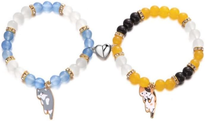 2Pcs Couple Friendship Bracelets Cute Kawaii Cartoon Cat Heart Matching Bracelet Y2k Cat Glass Beaded Elastic Bracelet Valentine's Day