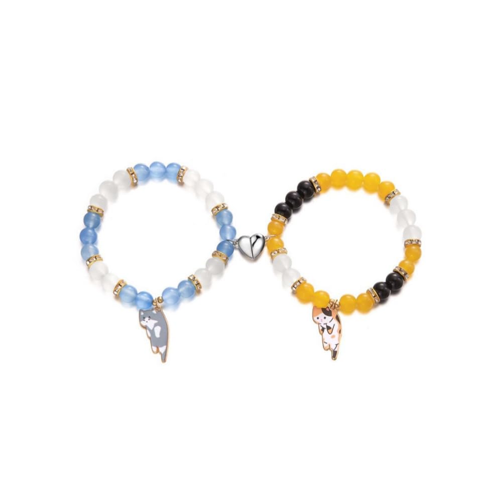 2Pcs Couple Friendship Bracelets Cute Kawaii Cartoon Cat Heart Matching Bracelet Y2k Cat Glass Beaded Elastic Bracelet Valentine's Day
