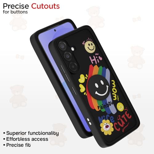 Image of Pikkme Back Cover for Samsung Galaxy A36 5G | Soft Silicone| Cute Rainbow Smile & 3D Cartoon Flower Design | Shockproof Raised Camera Protection Bumper Case (Black)