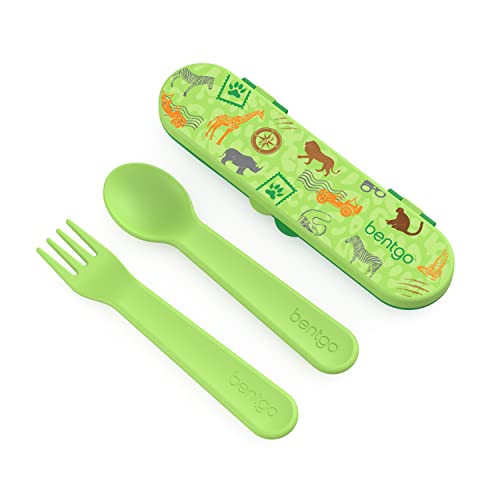 Image of Bentgo Kids Utensil Set - Reusable Plastic Fork, Spoon & Storage Case - BPA-Free Materials, Easy-Grip Handles, Dishwasher Safe - Ideal for School Lunch, Travel, & Outdoors (Safari)