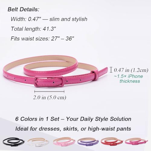 Women Skinny Belts 6 Pack, PU Leather Thin Waist Belts for Dresses, Jeans, Pants with Buckle, Fashion Slim Leather for outfit2