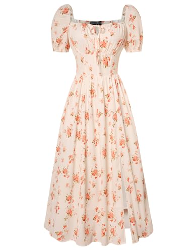 Image of Scarlet Darkness Summer Spring Split Floral Corset Midi Dress with Pockets | Elastic Sleeves, Square Neck, Smocked Back, 3 Boned Waist, Zip & Pockets, Thigh Slit. For Daily, Date, Picnic & Garden Party